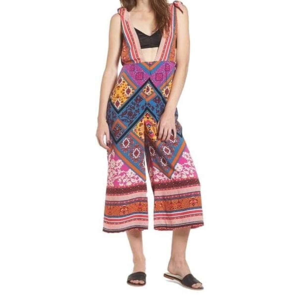 FREE PEOPLE Patchwork Print Shoulder Tie Jumpsuit